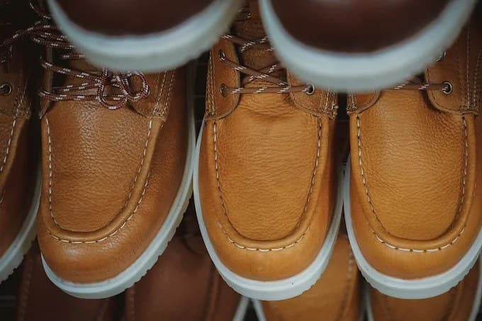 Honey leather moc toe boots closeup